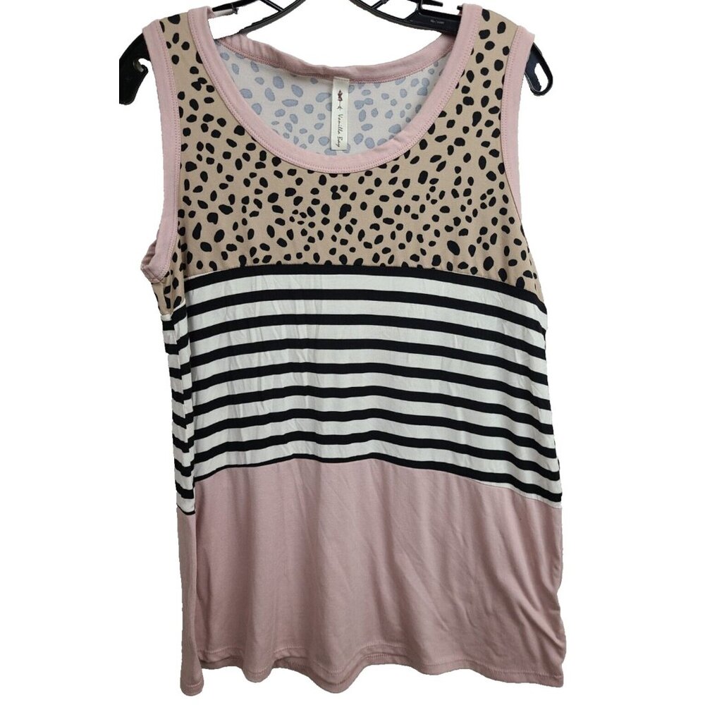 Vanilla Bay Womens BOHO‎ Tank Top Large Pink Brown Striped Animal Print